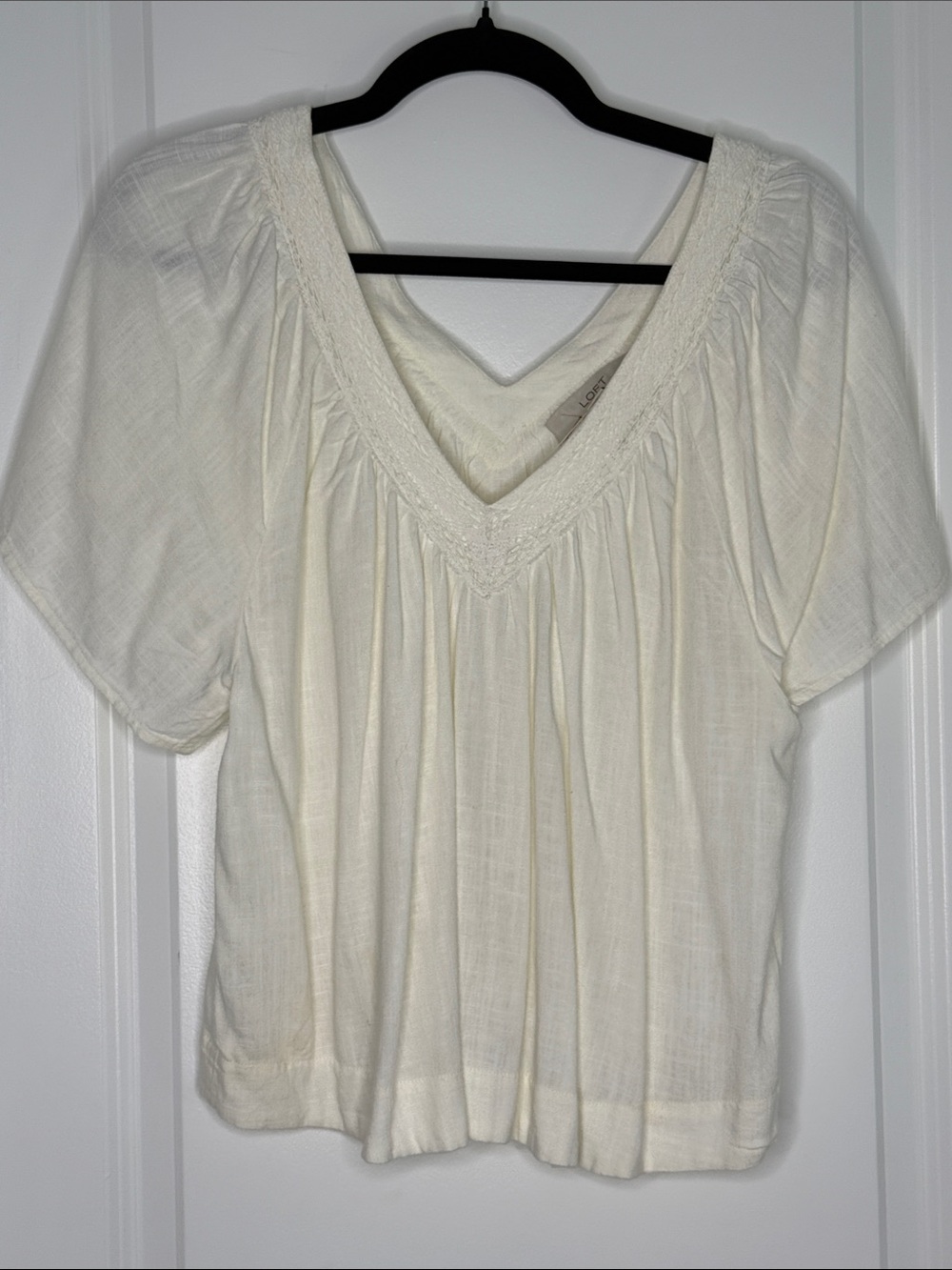 LOFT Cream V-Neck Embroidered Peasant Blouse